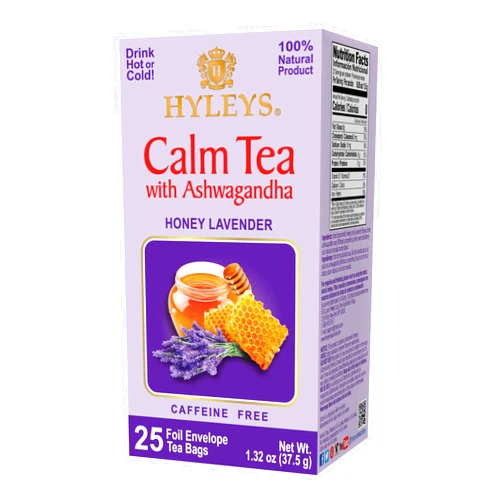 Hyleys Calm Tea with Ashwagandha - Lavender & Honey Flavor - Caffeine-Free, 100% Natural Herbal Tea - 25 Tea Bags