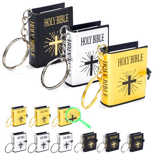 FREESOOTH Bible Keychain,Mini Bibles Miniature Real Bible Key Chains Handbag Pendant Xmas Gift with Magnifying Glass