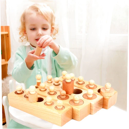 JAOK Montessori Education Mini Children Wooden Blocks Family Set Toys Montessori Cylinder Socket 4 pcs Set for Baby Children Early Development Senses 3-5 Ages Children Birthday Gifts