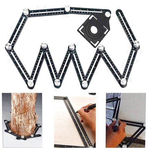 VINGAA Multi Angle Measuring Ruler,12-Sided Angle Measurement,Tile Holes Measure Ruler with 3-Holes Positioning Apertures,Upgrade Multi Angle Ruler/Metal/Black