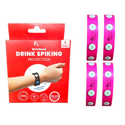 Xantus Drink Check Wristband Roofie Test by Xantus | Spiked Drink Bracelet Tester Detects GHB Within 10 Seconds Test Your Drink | Spiking Protection Detector Made in USA | (4 Pink Wristbands | 16 Tests)