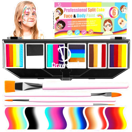 Drawdart Professional Face Painting Kit for Kids Adults, Split Cake Face Paint Palette 6 x 10gm with Brushes, One Stroke Non Toxic Rainbow Face Body Paint Set Halloween Christmas Makeup