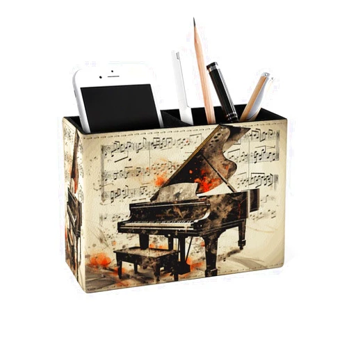 Famame Vintage Music Note Piano Pencil Holder for Desk, Leather Desktop Container Pen Cup Storage Study Table Pen Organizer Makeup Brush Holder for Classroom Office Home