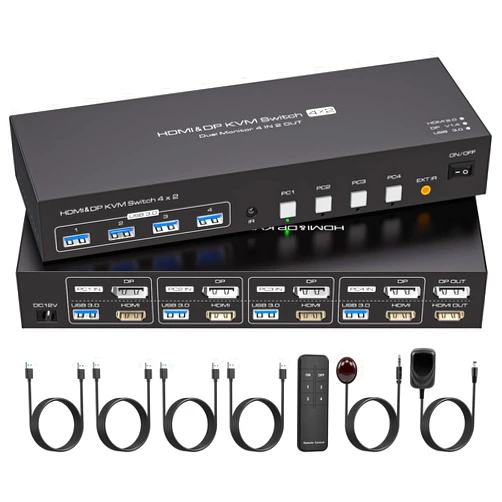 ATLAHET Dual Monitor HDMI+Displayport KVM Switch 4 Computers 2 Monitors 4K 60Hz 2K 120Hz 4 Port KVM Switches for Four PC Share Four USB 3.0 Devices with Remote Control, USB Cables and Power Adapter