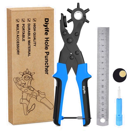 Diyife Professional Leather Hole Puncher, Full Set Punch Tool Kits for Belt, Watch Band, Shoe, Crafting, Handbag Straps, Fabric, with Extra Punch Plates and Ruler, Multi Hole Sizes Make - Blue