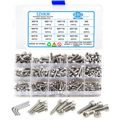 SZHKM 480PCS Stainless Steel M3 M4 M5 Screw Set, Nuts and Bolts Hardware Metric Machine Screws and Nuts Assortment Kit Hex Socket Head Screws Bolts with Wrench