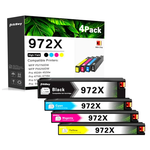 PikBey 972X Ink Cartridges High Yield Set (4-Pack, Black/Cyan/Magenta/Yellow) -Compatible 972 972X Ink Cartridge Replacement for HP Pagewide MFP P57750DW Pro 452dn 452dw 552dw 477dw 577dw Printer