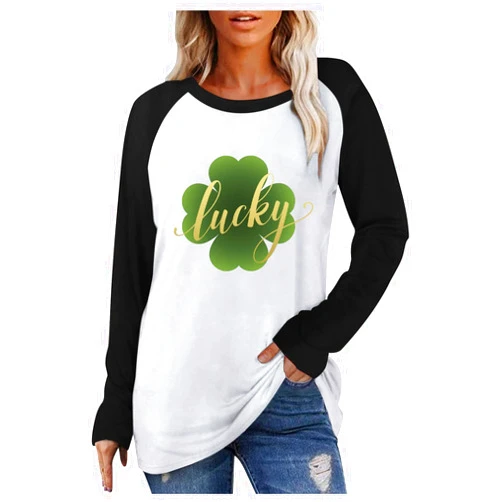 Yesunpxs St. Patricks Day Printed Long Sleeve for Women Shirts Tops Casual Round Neck Pullover Graphic Tees Sweatshirt T-Shirt