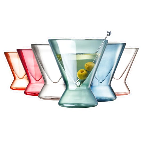 Khen Stemless Glass Colored Martini Glasses - 7oz Clear Martini Glasses Set of 6 - Double Wall, Insulated Cocktail Glass Set - Unique & Fun Gift for Dirty, Cosmopolitan Espresso Martini Lover Gifts