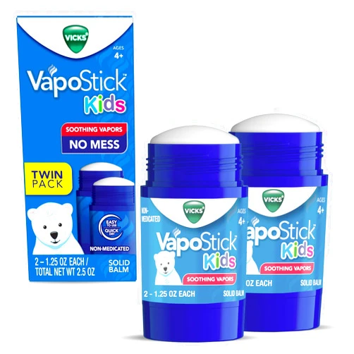Vicks VapoStick Kids, Solid Balm, No Mess, for Kids Ages 4+ Soothing Non-Medicated Vicks Vapors, Easy-to-Use No-Touch Applicator, Lightweight Feel, 1.25oz x 2