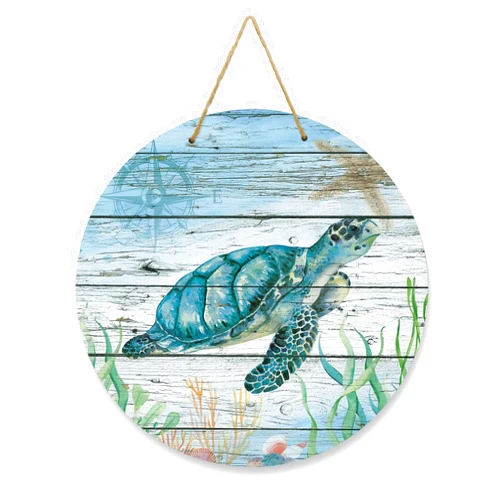 JasmineM Sea Turtle Ocean Welcome Sign for Front Door Porch Decor, Wreaths for Indoor Outdoor Wall Hanging, Rustic Wood Beach Starfish Round Wooden Plaque Decoration for Home Front Door, 12 x 12 Inch
