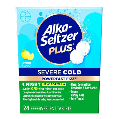 Alka-Seltzer Plus Severe Cold PowerFast Fizz Effervescent Tablets, Nighttime Cold Symptom Relief, 24 Count