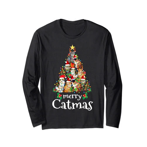 Cat Lover Christmas T-shirt Co Merry Catmas Funny Cat Mom Cat Dad Christmas Cat Long Sleeve T-Shirt