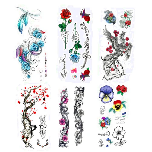 LINGREAL Trendy Temporary Tattoo Paper Sticker for Girls Women - 6 Sheets Different Unique Trendy Patterns - Feather,Rose Flower, Plums and Tigers, Flying Phoenix, Art Music Flowers