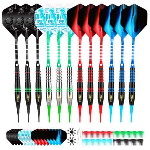 CyeeLife Darts Plastic Tip - Soft Tip Darts Set - 12 Pcs 18 Gram with 4 Colors Premium Aluminum Shafts, 100 Extra Dart Tips 16pcs Flights and 2pcs Flight Protectors for Electronic Dart Board