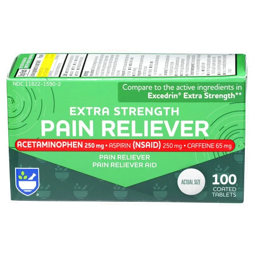 Rite Aid Extra Strength Pain Reliever, Acetaminophen 250mg, Aspirin 250mg, Caffeine 65mg – 100 Tablets | Pain Reliever/Fever Reducer | NSAID Anti-Inflammatory | Migraine Relief Products