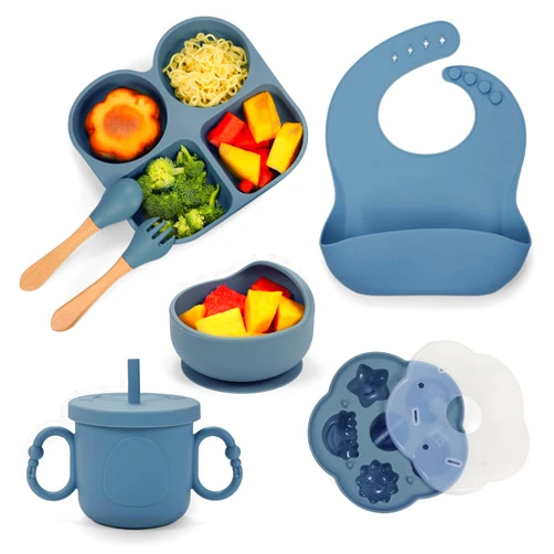 MIICASA Silicone Baby Feeding Set, Baby Led Weaning Supplies, Baby Food Tableware Silicone Suction Plate, Bowl, Spoons, Fork, Waterproof Bib, Cup & Complementary Food Cake Mold, Baby Eating Utensils