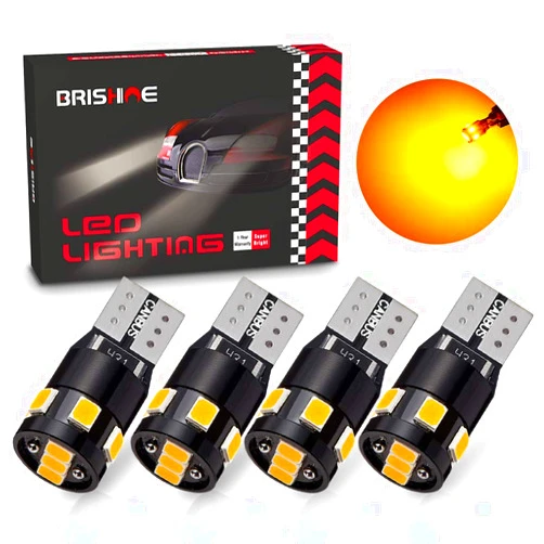 BRISHINE 300LM Extremely Bright Canbus Error Free 194 168 2825 192 W5W T10 LED Bulbs Amber Yellow 9-SMD 2835 LED Chipsets for Side Marker Turn Signal Blinker Map Door Parking Lights (Pack of 4)