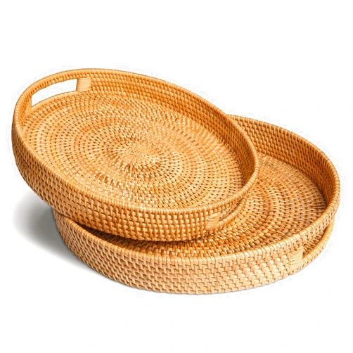 HITOMEN Hand-Woven Round Rattan Serving Tray Decorative Ottoman Wicker Platter with Handles for Coffee Table, Breakfast, Drinks, Snack, Bread, Fruit, Vegetables (Natural Set of 2: M+L)