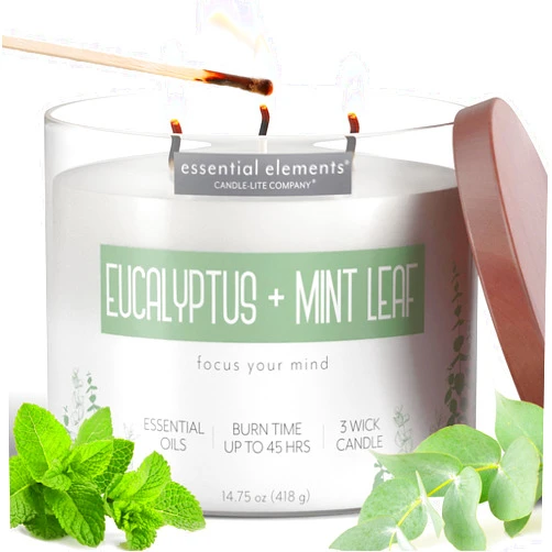 Essential Elements by Candle-lite Scented Candles, Eucalyptus & Mint Leaf Fragrance, One 14.75 oz. Three-Wick Aromatherapy Candle with 45 Hours of Burn Time, Off-White Color