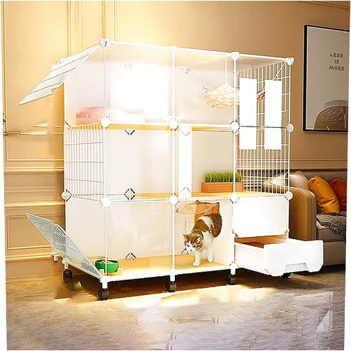 LHIUGE Premium Indoor Cat Cage with Litter Box Easy Assembly Mobile Cat Enclosure on Wheels HD Clear Fence and Sturdy Metal Grid Keep Your Kitten Safe at Night Cat Cage Cat House D