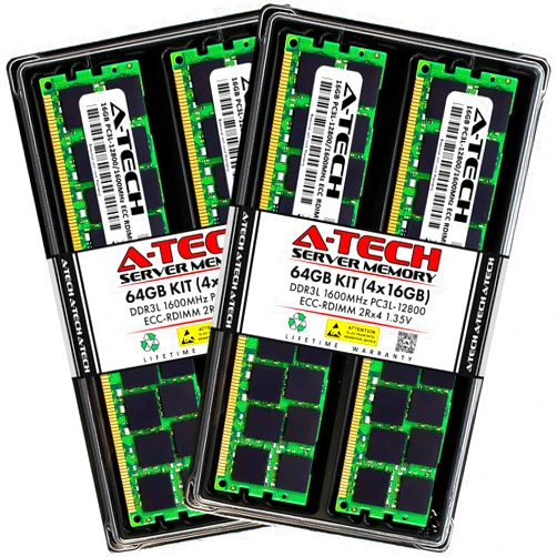 A-Tech 64GB Kit (4x16GB) DDR3/DDR3L 1600MHz PC3L-12800R ECC RDIMM 2Rx4 Dual Rank 1.35V ECC Registered DIMM 240-Pin Server RAM Memory Upgrade Modules (A-Tech Enterprise Series)