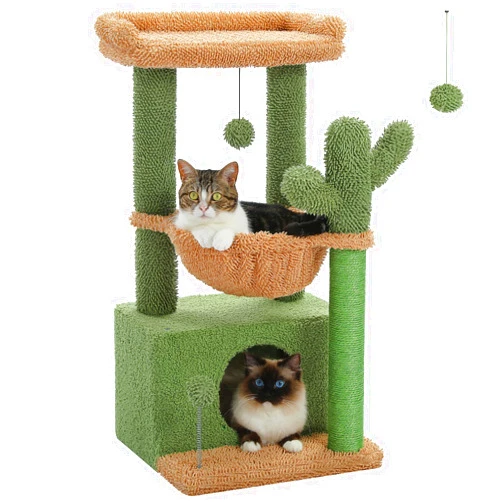 PEQULTI 4-in-1 Cactus Cat Tree, 33'' Cat Tower for Indoor Cats with Large Cat Condo, Cat Scratching Post for Cats with Deep Hammock& Cozy Top Perch,Green