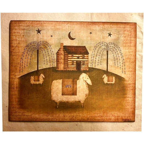 Pubertee Prim Log House, Sheep, Primitive, Plaque Sign Decorative Retro Metal Tin Sign Vintage Sign for Home Kitchen Coffee Shop Wall Decor 8x12 Inch