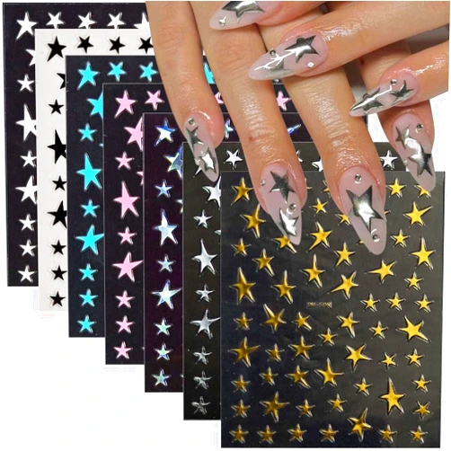 HPYFOI 14 Sheets Y2k Star Nail Art Stickers, 7 Colors 3D Self-Adhesive Nail Decals with Gold Silver Black White Blue Pink Holographic Stars, 4th of July DIY Manicure Accessories for Women & Girls