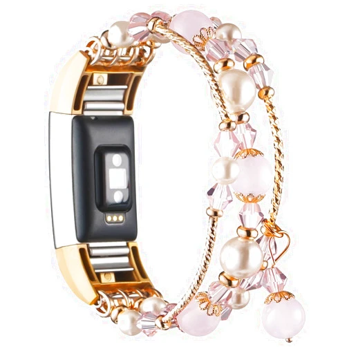 Simpeak Band Compatible with Fitbit Charge 2 Smartwatch Only, Bracelet with Elastic Beaded Pearl Band Replacement for Fitbit Charge 2, Women Pink