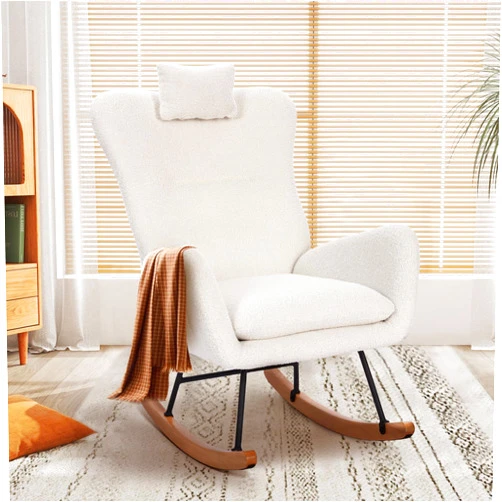 Harrelivo Rocking Chair Nursery, Modern Teddy Upholstered Rocking Chair, Glider Rocker with High Backrest, Comfy Nursing/Reading Chair for Breastfeeding, Bedroom, Living Room (White)