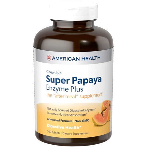American Health Super Papaya Enzyme Plus Chewable Tablets, Natural Papaya Flavor - Promotes Digestion & Nutrient Absorption, Contains Papain & Other Enzymes - 360 Count