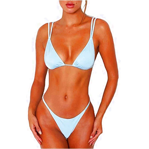 ForBeautyShe Women's Sexy Thong Bottom Two Piece Bikini Double Shoulder Straps Cute Swimsuit Triangle Bathing