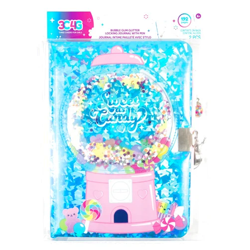 3C4G: Bubble Gum Glitter Locking Journal with Pen - 192 Pages, Take Notes-Design-Sketch, Three Cheers for Girls, Tweens & Kids Ages 6+