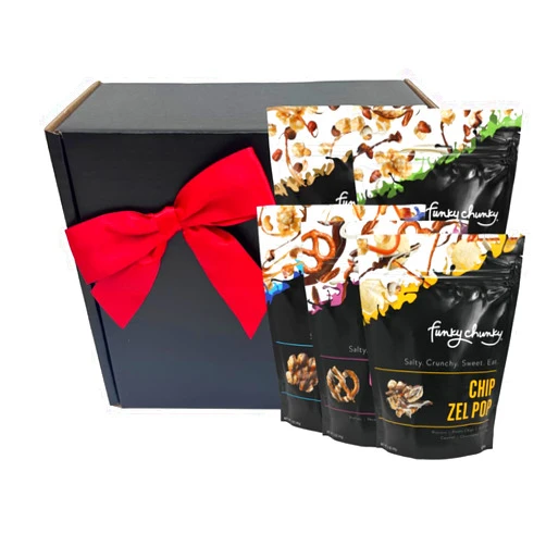 Funky Chunky | Gourmet Chocolate Popcorn Gift Box | Caramel, Nutty Choco Pop, PB Cup, Chip Zel Pop, Choc Prezel Flavors | 5oz Bags (5) Gift Box