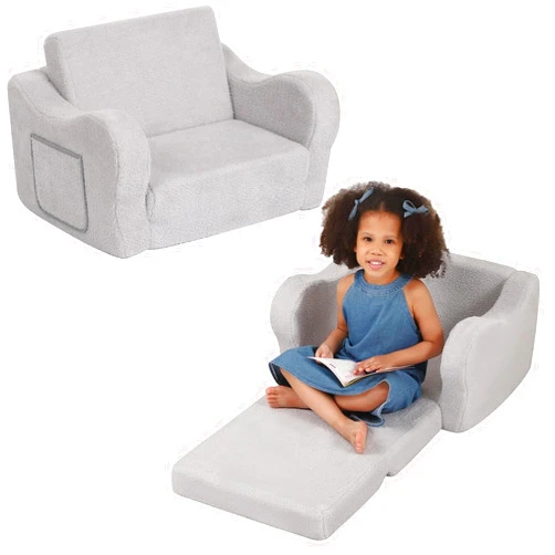 BestRoyal Comfy Toddler Chair, 2-in-1 Toddler Couch Fold Out, Convertible Sherpa Sofa to Lounger for Boys & Girls, Grey