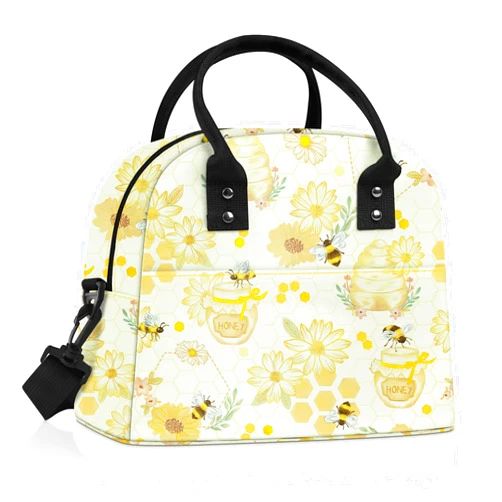 Clastyle Summer Women Lunch Box Bag Leaf Large Camping Adult Lunch Tote Insulated Cooler Bag for Office Work Picnic,Bee Daisy