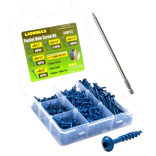 LIONMAX Pocket Hole Screws Assortment Kit, 450 PCS in 5 Sizes, 8 x 1, 1-1/4