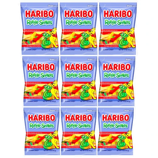 King Of Sweets Haribo Rattlesnakes Pack of 9 (5oz Bags) Natural Fruit Flavored Gummi Candy for Movie Nights, Halloween, Easter, and More in a King of Sweets Bulk Bag
