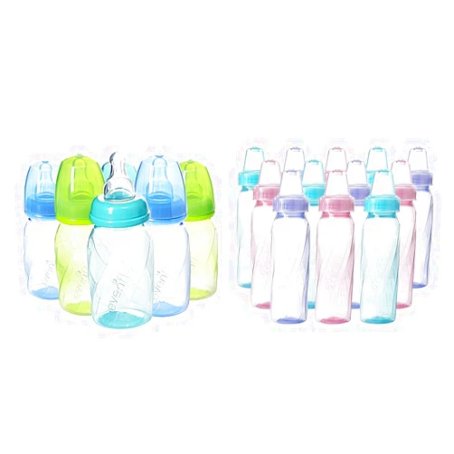 Evenflo Feeding Baby Bottles Bundle - Premium Vented Plus Polypropylene 4oz 6 Pack and Classic Tinted Plastic Standard Neck 8oz 12 Pack
