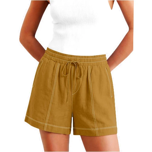 LOMON Women's Casual Linen Shorts Elastic Waisted Drawstring Summer Shorts with Pockets