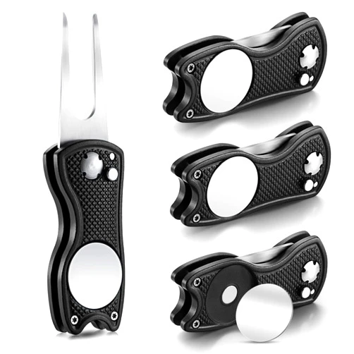 Skylety 4 Pcs Golf Divot Repair Tool Metal Foldable Golf Divot Tool with Magnetic Pop-up Button Ball Marker Stainless Steel Switchblade for Golfers Prizes
