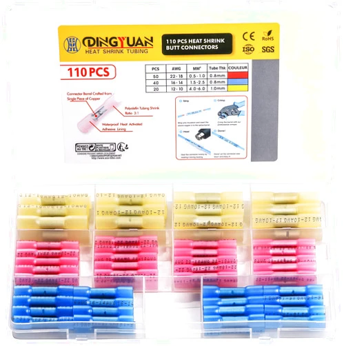 DING YUAN DINGYUAN Heat Shrink Butt Wire Connectors 110PCS Insulated Waterproof Electrical Wire Connectors Automotive Marine Grade Wire Crimp Terminals Butt Splices, Ideal for Boat, Truck Butt Terminals Kit