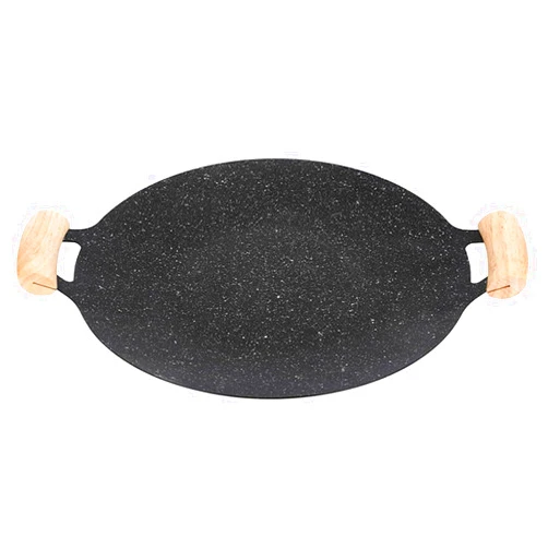 TYCGGN Multi-Functional Stone Grill Pan with Wooden Handle, Non-Stick Pan for Outdoor Sizzling Grill Pan, Induction Cooker/Open Flame/Charcoal Fire/Gas Stove, Multi-Purpose Grill Pan (Diameter 34cm/13.38in)