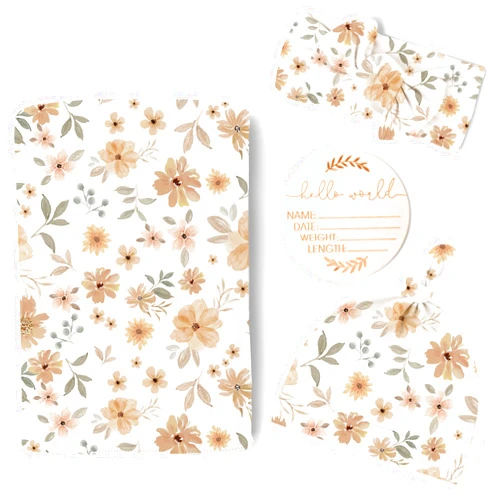 Konssy Baby Girl Newborn Receiving Blanket with Matching Headband and Beanie Set Baby Swaddle Floral Print Nursery Swaddle Wrap