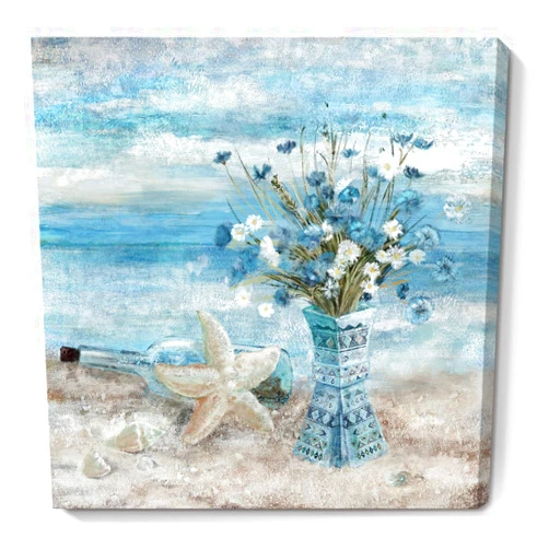 Nicetop Bathroom Decor Wall Art Blue Beach Picture Ocean Theme Flower Canvas Print Modern Coastal Seascape Painting Framed Seaside Artwork Floral Daisy in Indian Vase for Home Sea Lake Bedroom 14x14inch