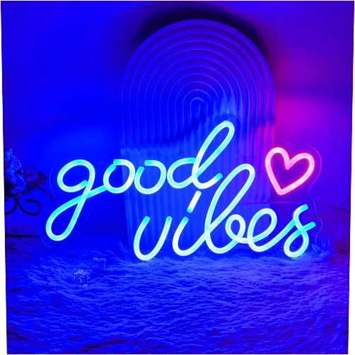 AKOLENM Good Vibes Neon Signs for Bedroom Wall Decor,Dimmable Neon Light Sign for Wedding Events, Bedroom, Birthday Party (blue-heart)