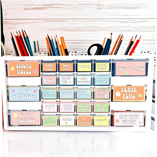 Gisgfim 54Pcs Teacher Toolbox Labels Classroom Decoration Self-AdhesiveSmile Face Toolbox Sticker Pastel Tool Box Storage Decal Boho Groovy Retro Organizer Container Decor for Back to School Teacher Supplies