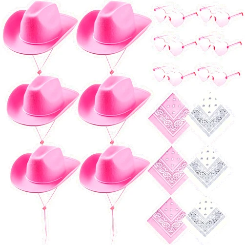 Coume 18 Pcs Cowboy Hat with Heart Sunglasses and Paisley Bandanas Western Cowgirl Hat for Halloween Cosplay Costume