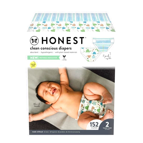 HONEST The Honest Company - Super Club Box, Clean Conscious Diapers, Turtle Time + Teal Tribal, Size 2, 152 Count (Packaging May Vary) 152 Count (Pack of 1) T-rex & Breakfast